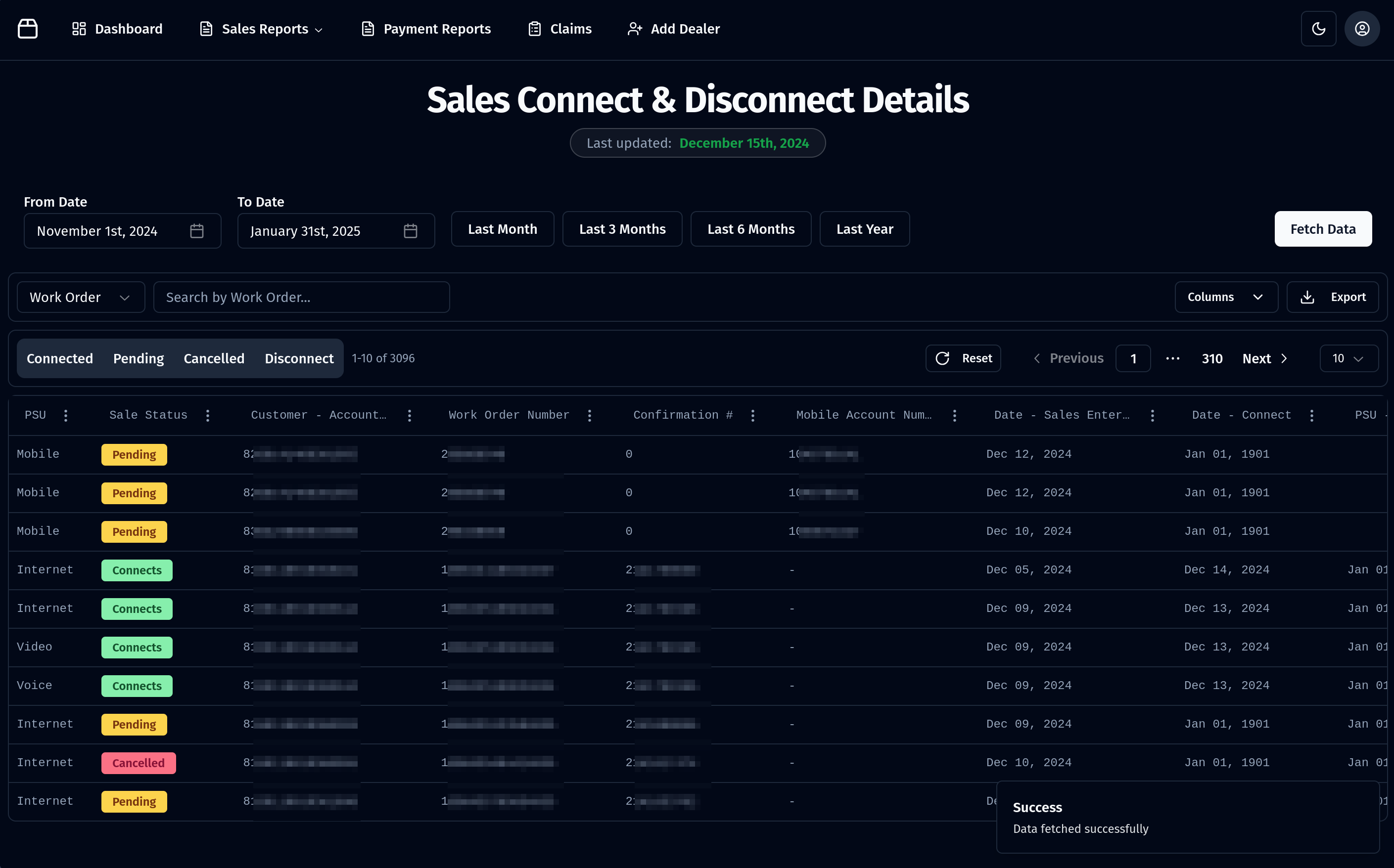 Wireless Dealer Portal Sales Data